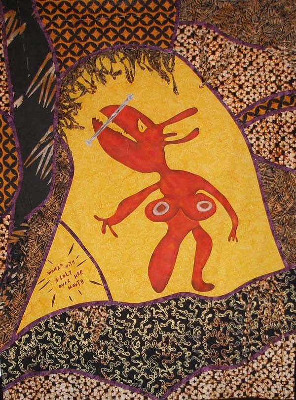 woman with a bolt over her mouth